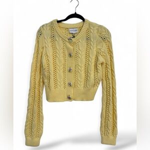 Freshman 1996 Soft Yellow Cable Knit Cropped Cardigan with Floral Buttons